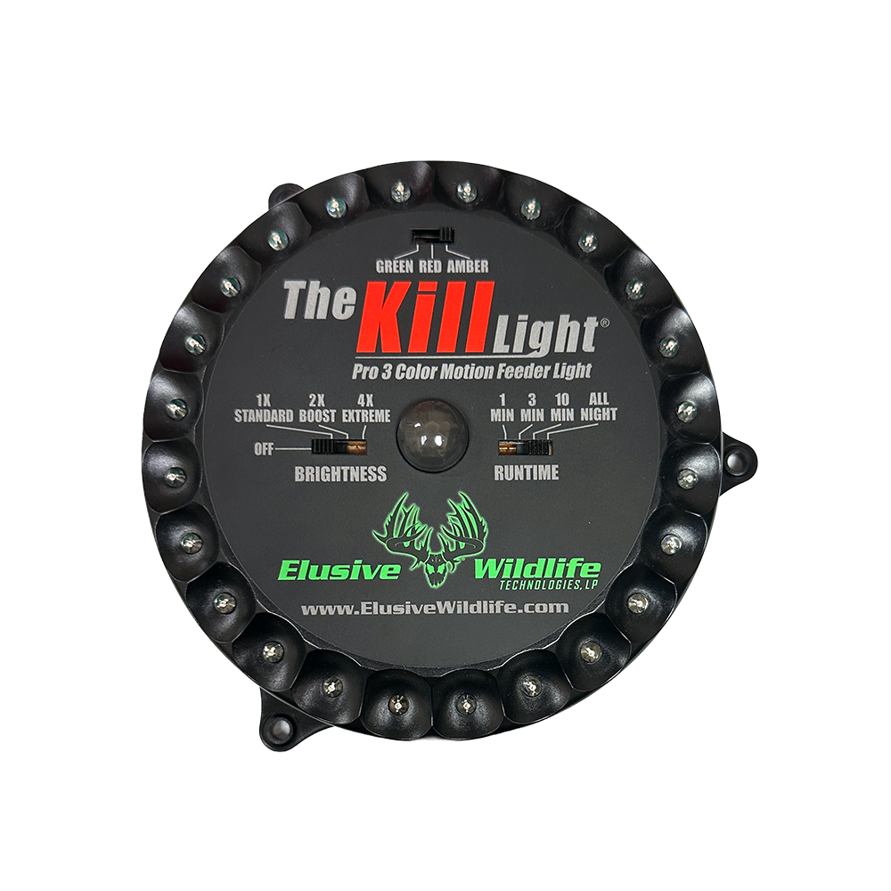 Elusive Wildlife Kill Light 3 Color Feeder Light - Best Hunting Light for Deer Feeders/Hog Hunting - Motion Activated, Portable, Red Green and Amber - Powered by Batteries or Solar Panel