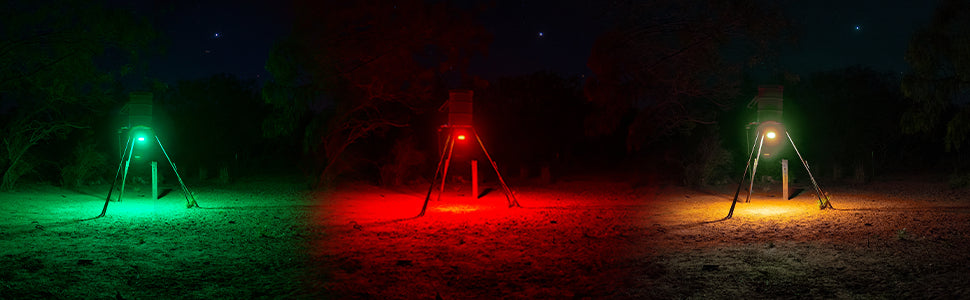 Elusive Wildlife Kill Light 3 Color Feeder Light - Best Hunting Light for Deer Feeders/Hog Hunting - Motion Activated, Portable, Red Green and Amber - Powered by Batteries or Solar Panel