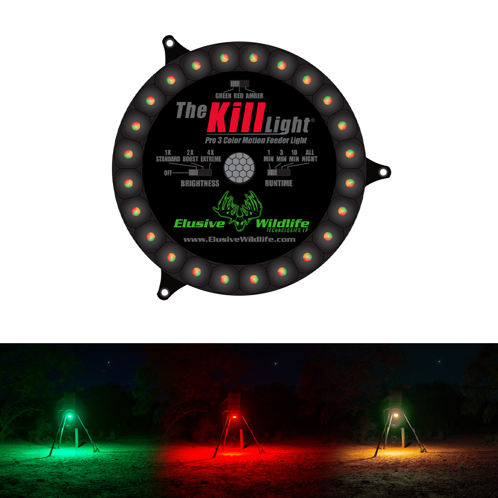 Elusive Wildlife Kill Light 3 Color Feeder Light - Best Hunting Light for Deer Feeders/Hog Hunting - Motion Activated, Portable, Red Green and Amber - Powered by Batteries or Solar Panel
